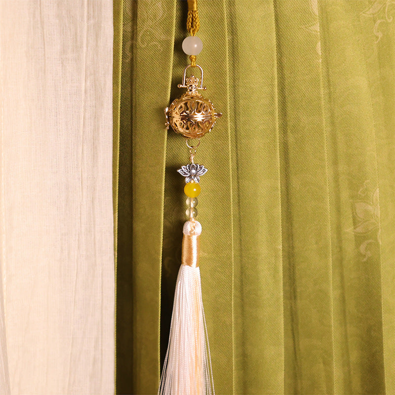 Vintage Silver Hollow Bell Pendant Mirror Ornament Openable Aromatherapy Locket with Tassel Bag Charm