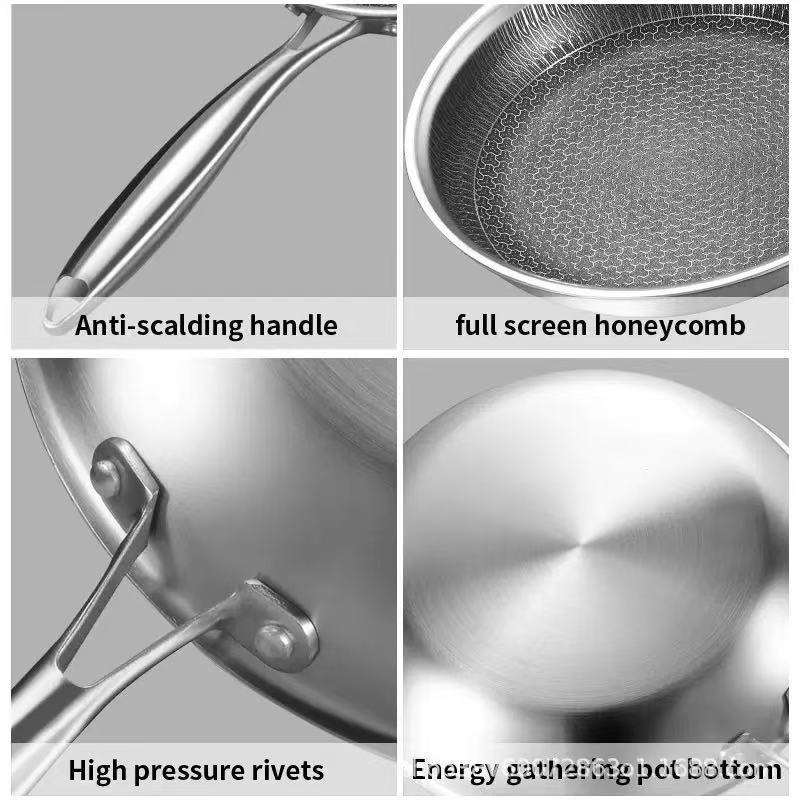 Stainless Steel Non-Stick Frying Pan 28CM Honeycomb Wok Skillet with Lid Induction Compatible Cookware Silver