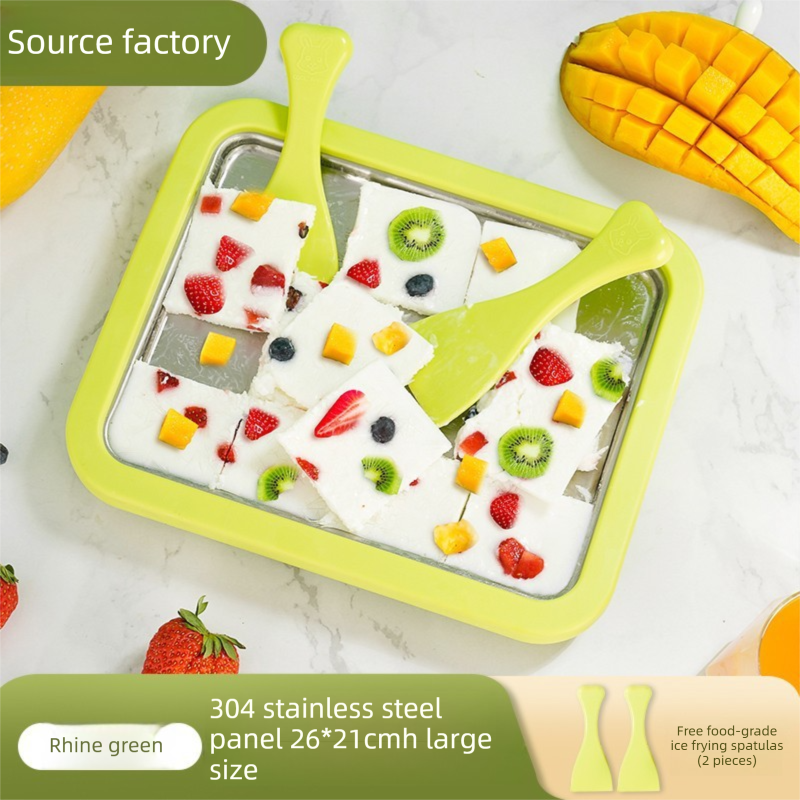 Green DIY Rolled Ice Cream Maker Pan Instant Frozen Yoghurt & Sorbet Tray 304 Stainless Steel No Electricity Required with Spatulas