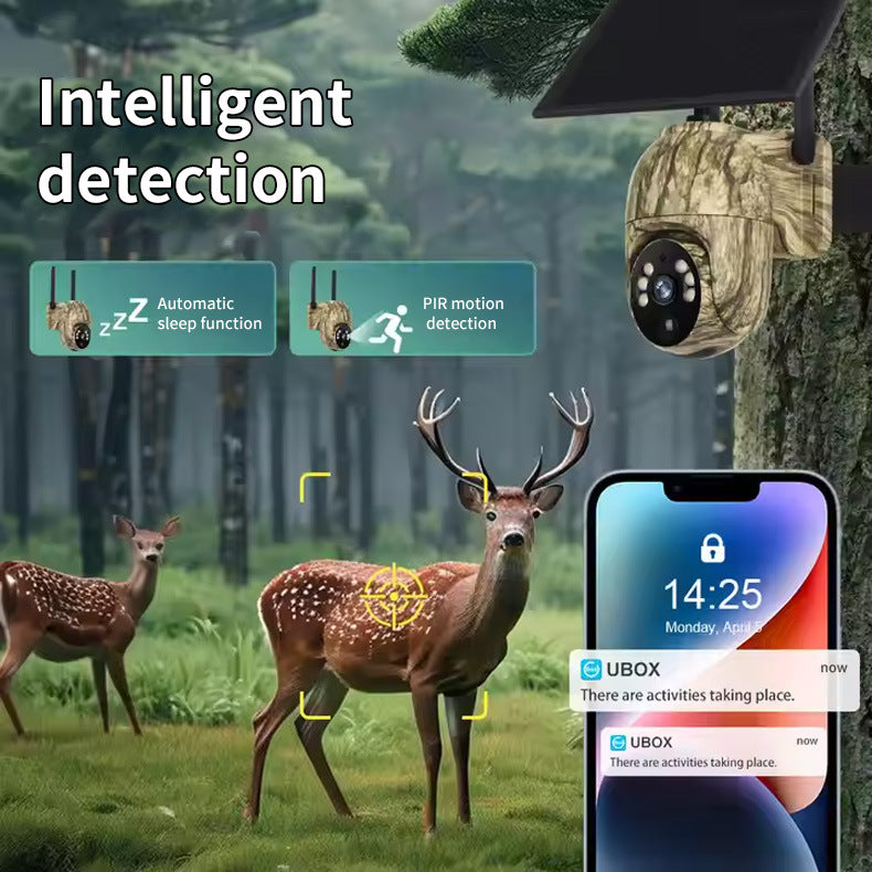 4MP Solar Security Camera Wireless WiFi Camouflage Wood Texture PTZ Outdoor Surveillance for Garden and Farm