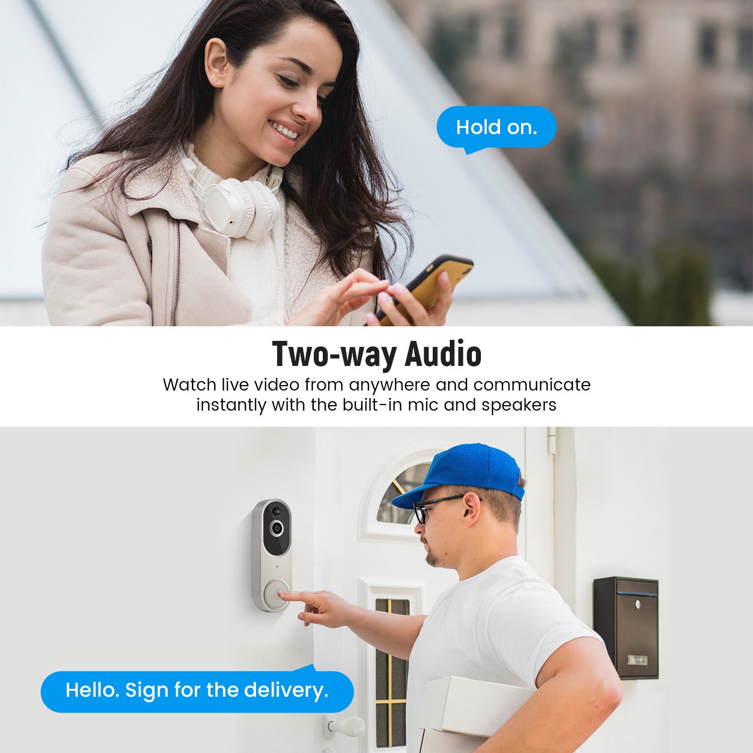 T50 Black 1080P Wireless Video Doorbell Camera with USB Chime Smart WiFi Security System 2-Way Audio Night Vision Motion Detection IP65 Waterproof