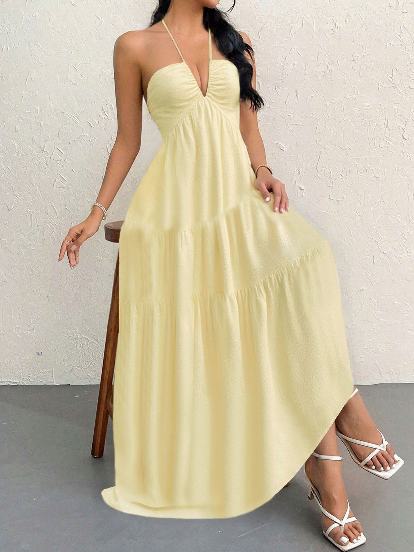 Apricot L Size Women's Elegant Halter Maxi Dress Summer Backless V-Neck Sleeveless Long Beach Resort Gown