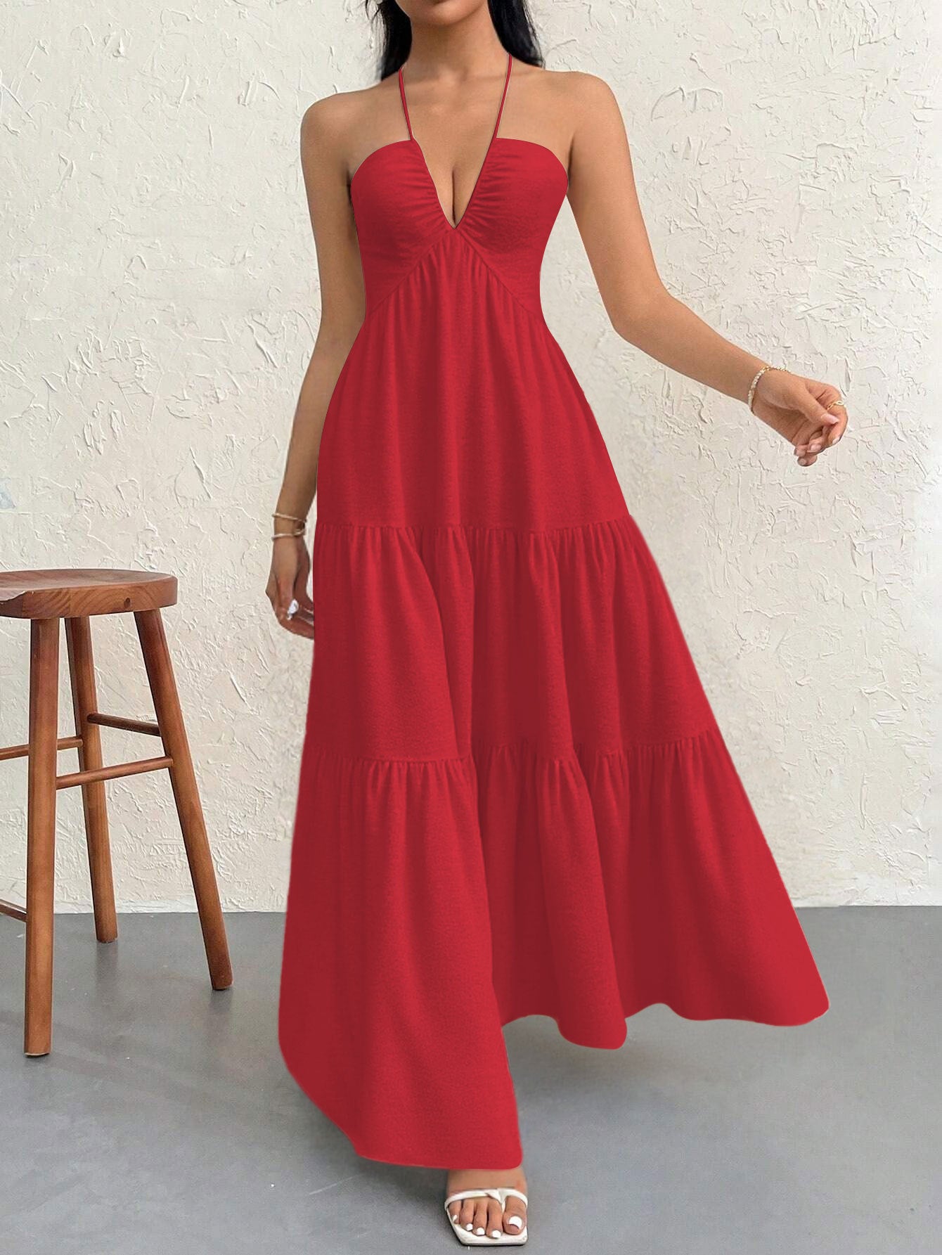 Red S Size Women's Elegant Halter Maxi Dress Summer Backless V-Neck Sleeveless Long Beach Resort Gown
