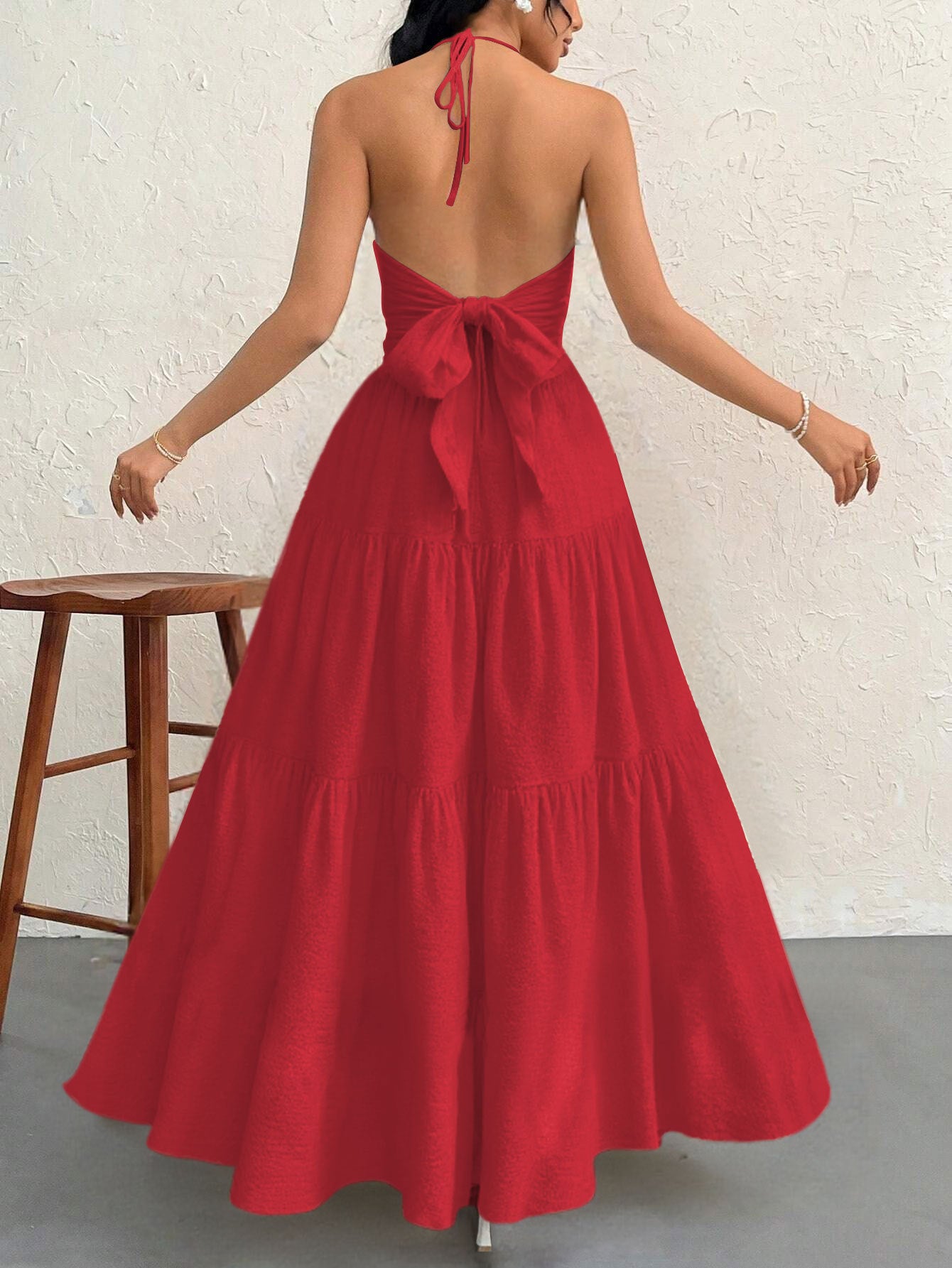 Red L Size Women's Elegant Halter Maxi Dress Summer Backless V-Neck Sleeveless Long Beach Resort Gown