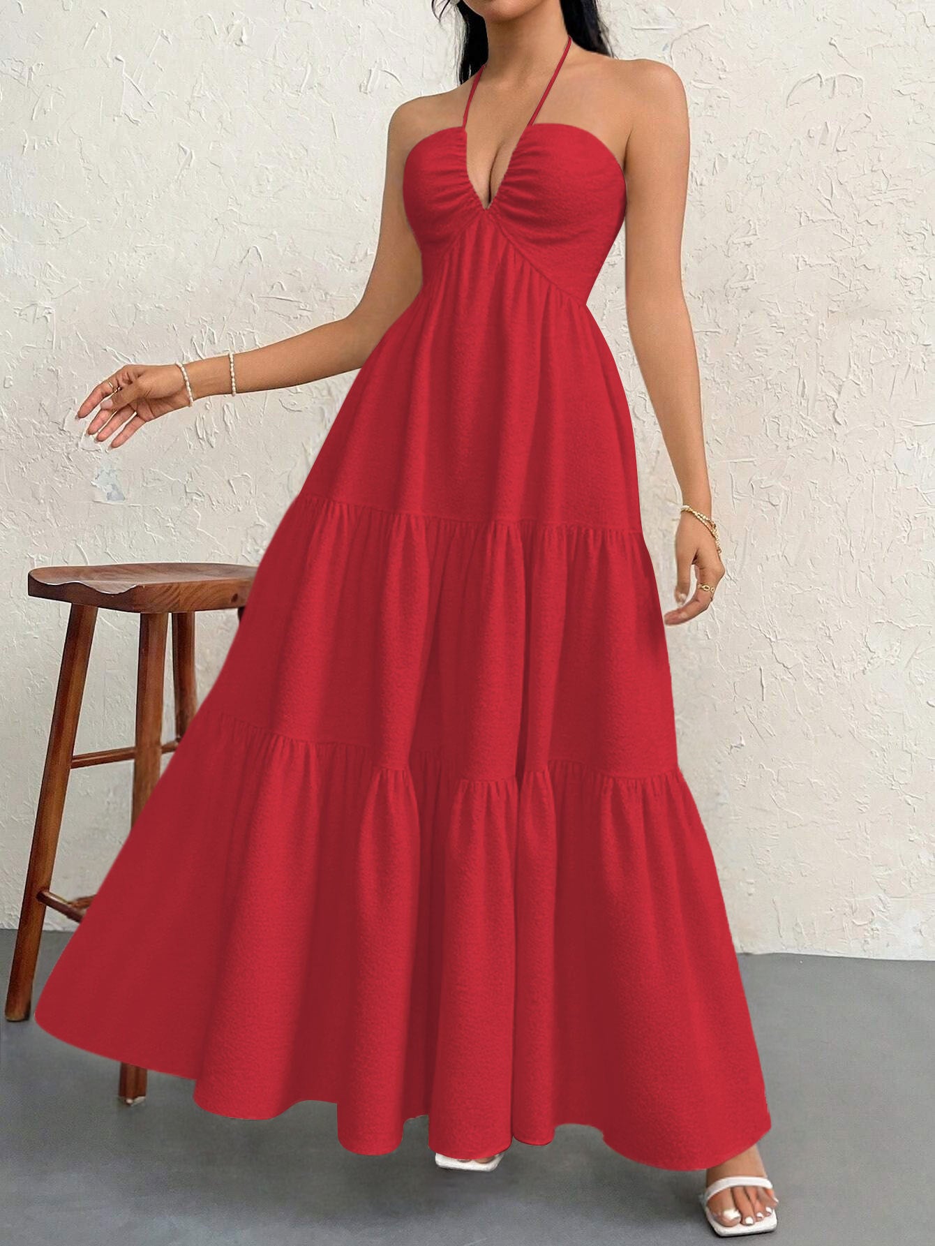 Redt XL Size Women's Elegant Halter Maxi Dress Summer Backless V-Neck Sleeveless Long Beach Resort Gown