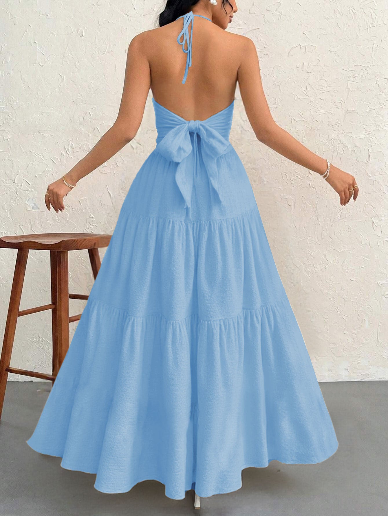 Blue L Size Women's Elegant Halter Maxi Dress Summer Backless V-Neck Sleeveless Long Beach Resort Gown