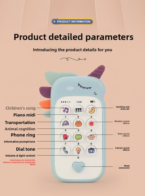Unicorn Baby Toy Phone Music & Light Learning Mobile Teether for Toddlers Interactive English Educational Gift Yellow