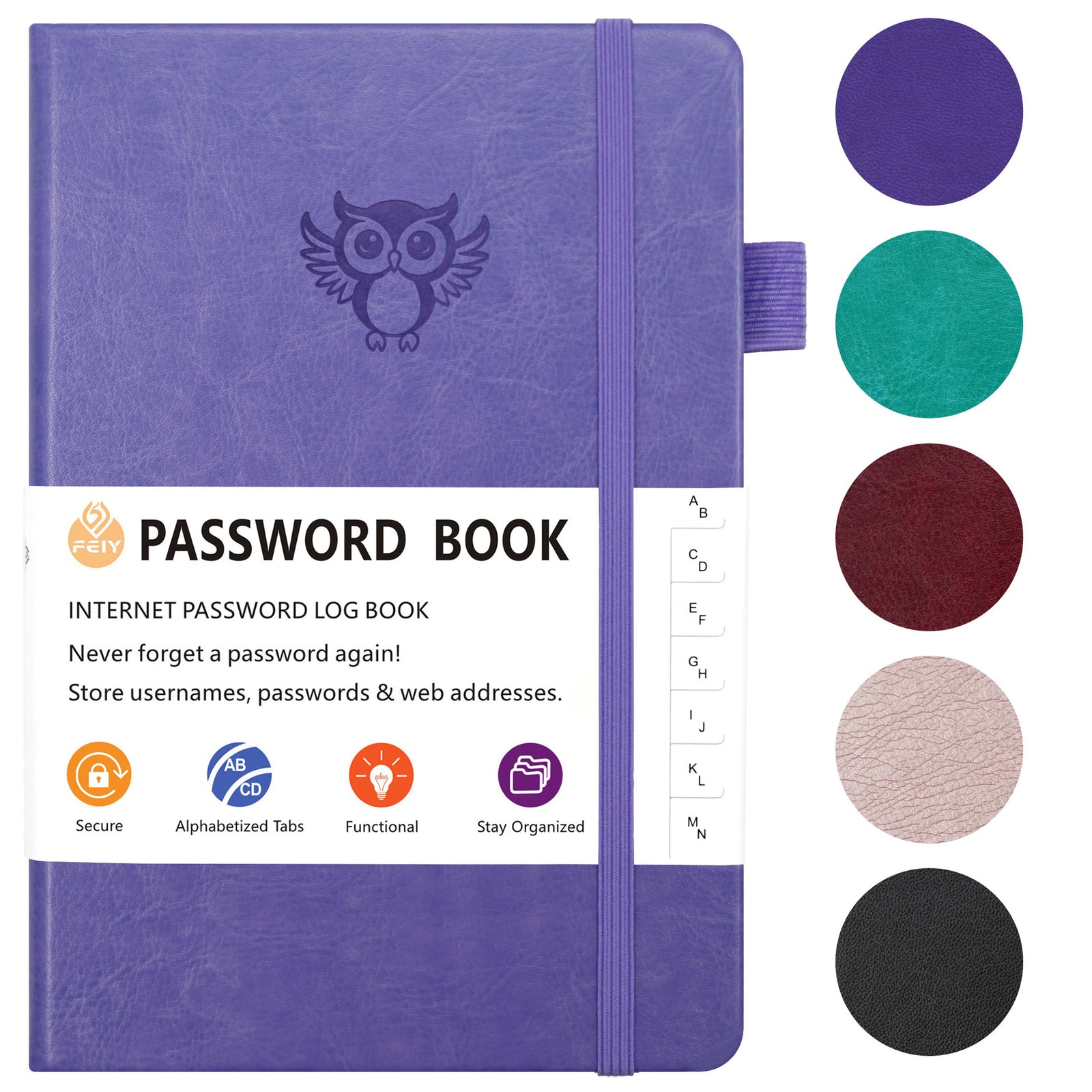 Rose Gold Password Log Book with Alphabetical Tabs Internet Address Organizer Small PU Leather Notebook with Owl Design Pen Holder and Inner Pocket Ideal for Home and Office