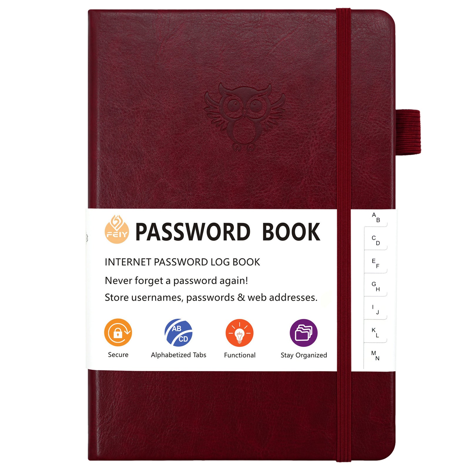 Burgundy Password Log Book with Alphabetical Tabs Internet Address Organizer Small PU Leather Notebook with Owl Design Pen Holder and Inner Pocket Ideal for Home and Office