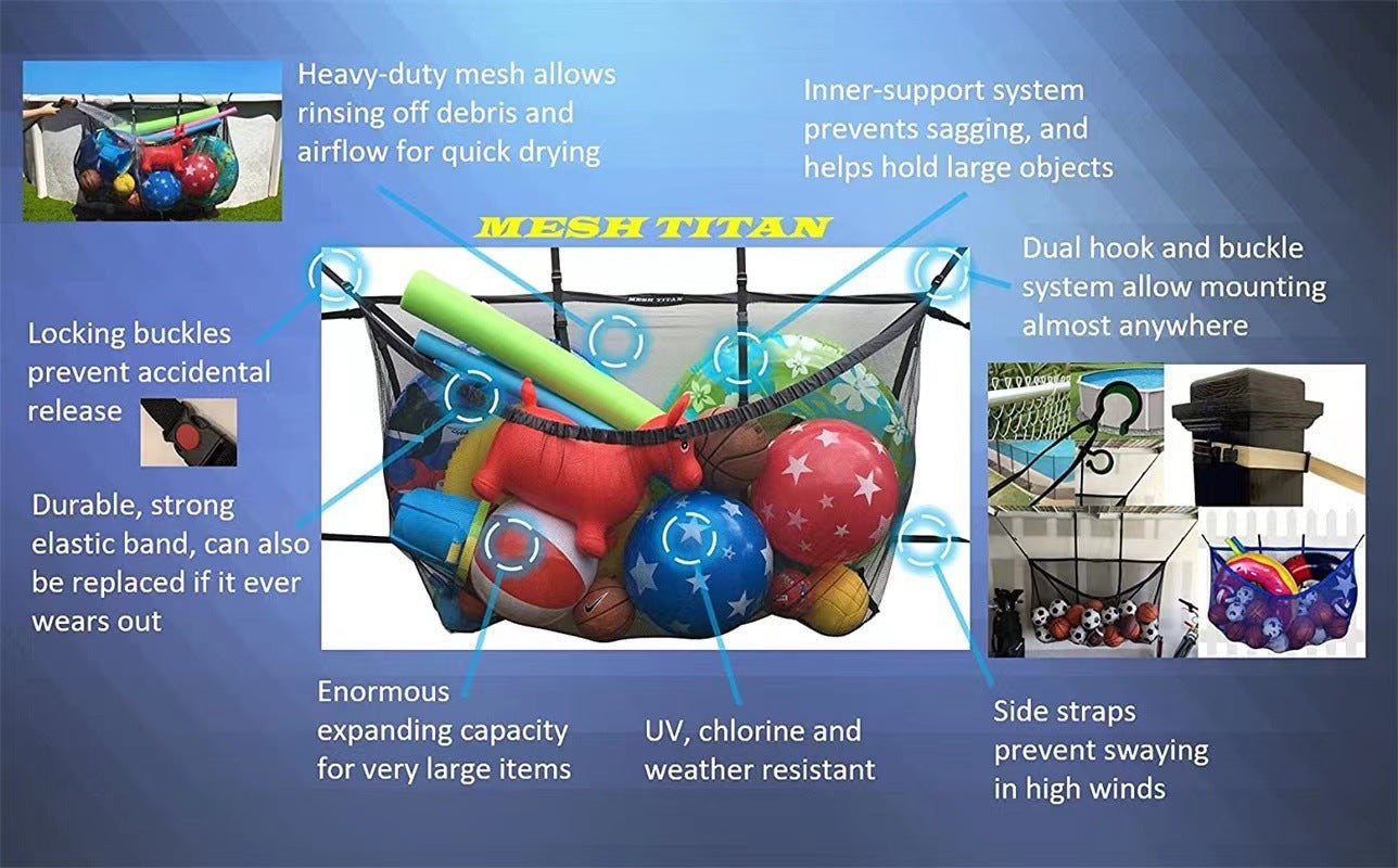 Black Large Hanging Pool Toy Storage Bag - Mesh Net Organiser for Swimming Floats, Sports Balls & Inflatables - 145cm Extra Large Capacity for Outdoor Fences & Garage