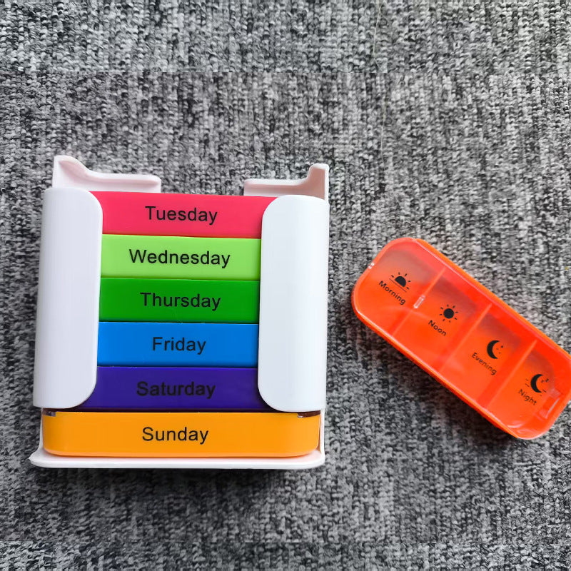 7 Day Weekly Pill Organiser Box - Rainbow Colour Coded Medicine Storage with 4 Daily Compartments - Portable White Casing Dispenser for Home & Travel