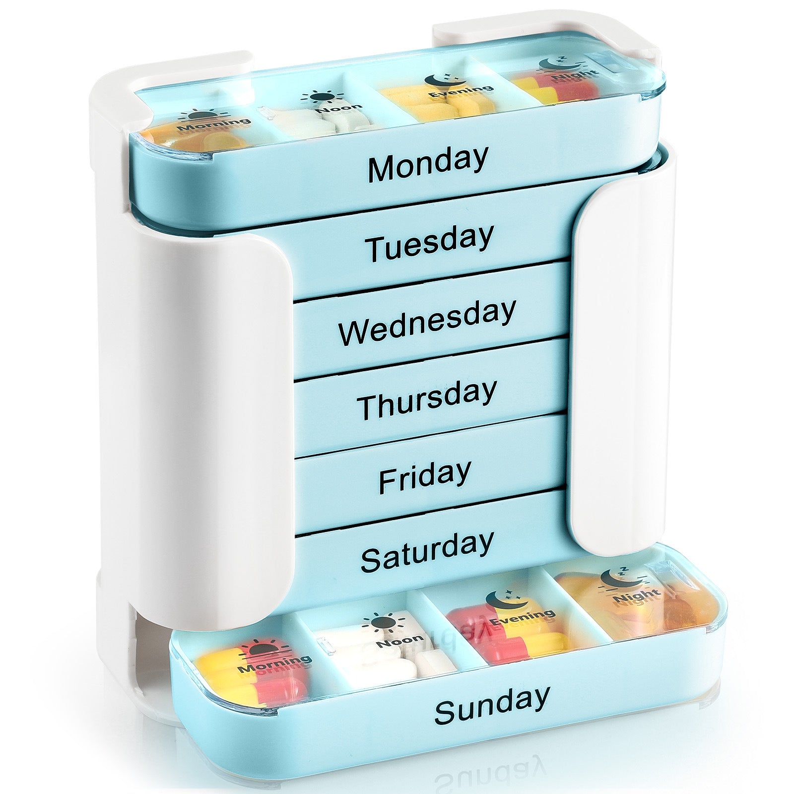 7 Day Weekly Pill Organiser Tower - White & Blue Medicine Storage Box with 4 Daily Compartments - Portable Slide-Out Trays for Vitamins & Supplements
