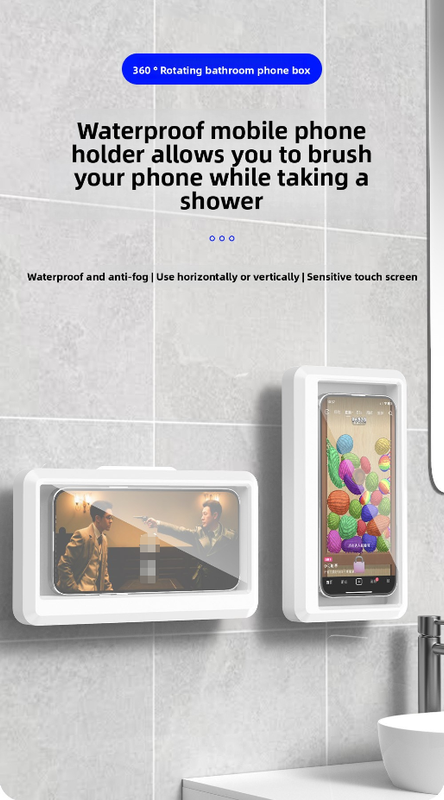 Waterproof Shower Phone Holder White Wall Mount - 360° Rotating Retractable Anti-Fog Touch Screen Case for Bathroom & Kitchen - Fits Phones up to 6.8 Inch