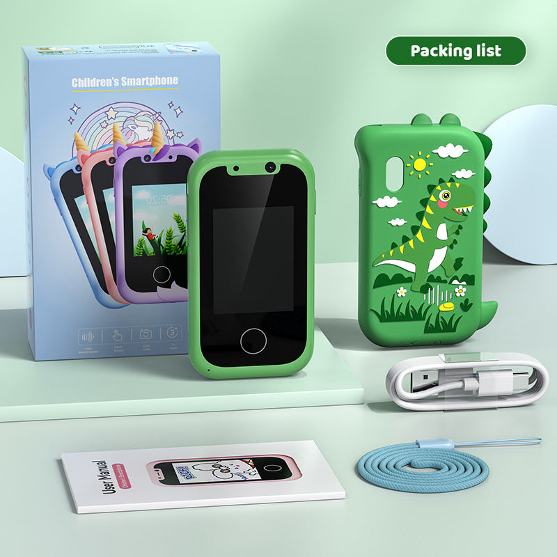 Kids Smart Phone Toy with Dual Camera and IPS Touch Screen Green Dinosaur Silicone Case Educational Games MP3 Music Player 512MB Card Included Ideal Gift for Boys
