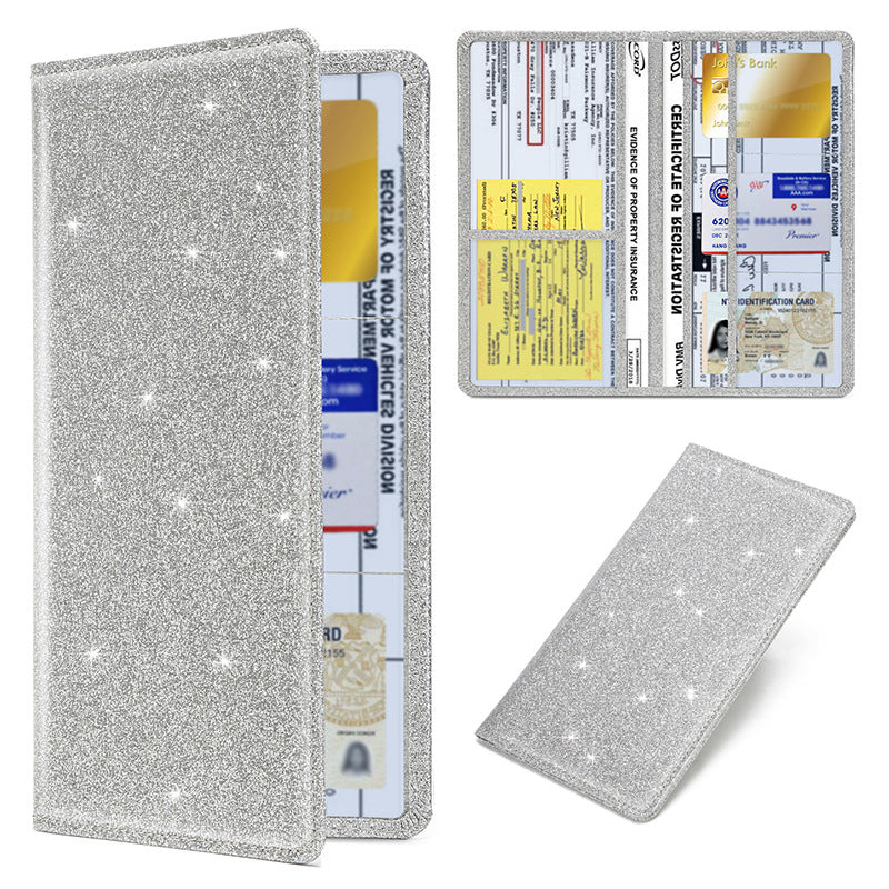 Car Registration and Insurance Holder Silver Glitter - Bling Vehicle Document Wallet - Slim Glove Box Organiser for Rego Papers & Travel IDs - Sparkle PU Leather Case