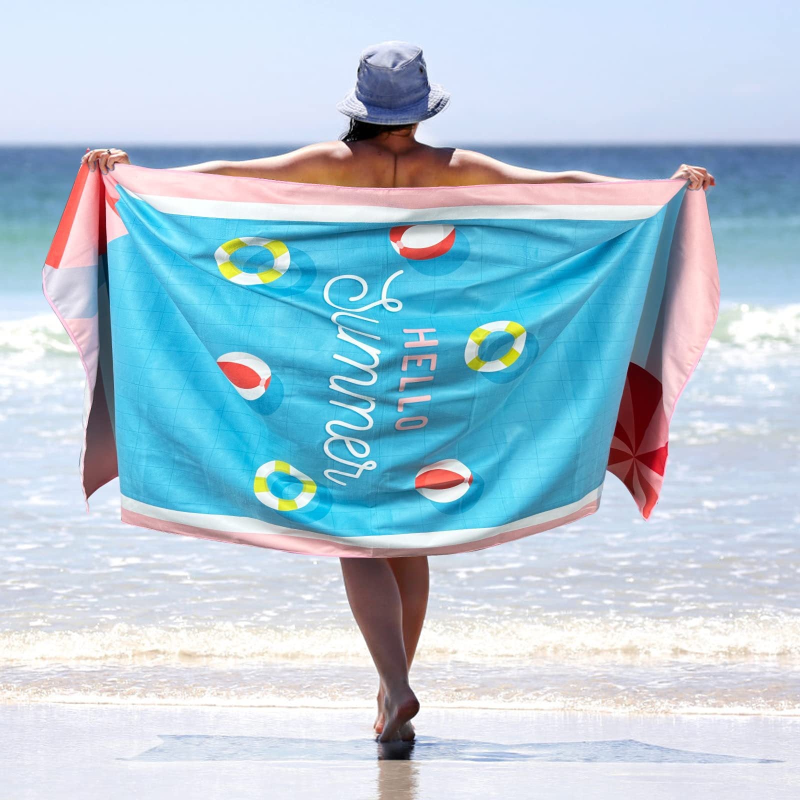 Sand Free Microfibre Beach Towel - Pink Flamingo "Summer" Print Quick Dry Travel Towel 70x150cm(200GSM) - Lightweight Absorbent Bath Sheet for Pool & Holiday