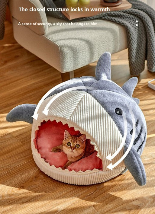 Novelty Shark Pet Cave Bed Enclosed Cozy Sleeping Nest for Cats and Small Dogs Soft Flannel Year Round Comfort Light Gray S Size