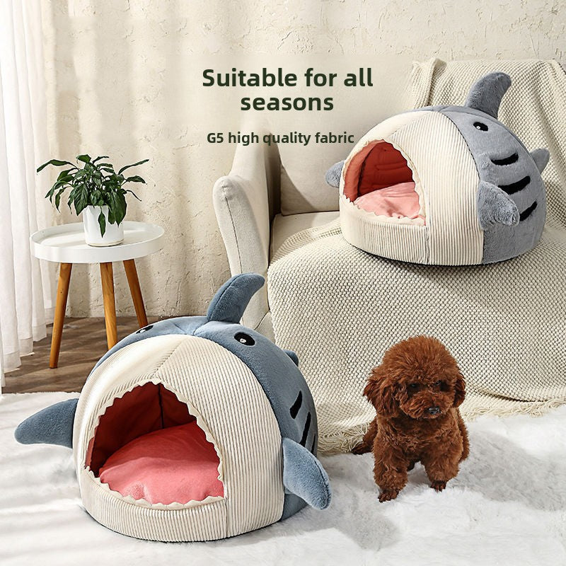 Novelty Shark Pet Cave Bed Enclosed Cozy Sleeping Nest for Cats and Small Dogs Soft Flannel Year Round Comfort Light Gray M Size