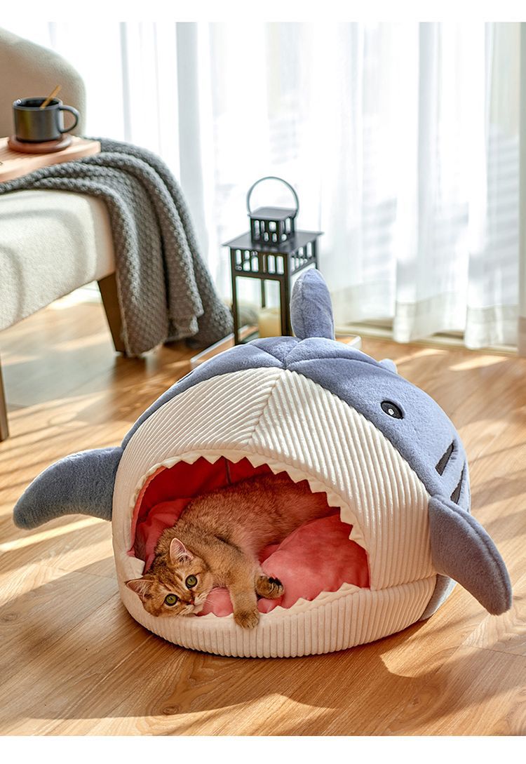 Novelty Shark Pet Cave Bed Enclosed Cozy Sleeping Nest for Cats and Small Dogs Soft Flannel Year Round Comfort Light Blue L Size