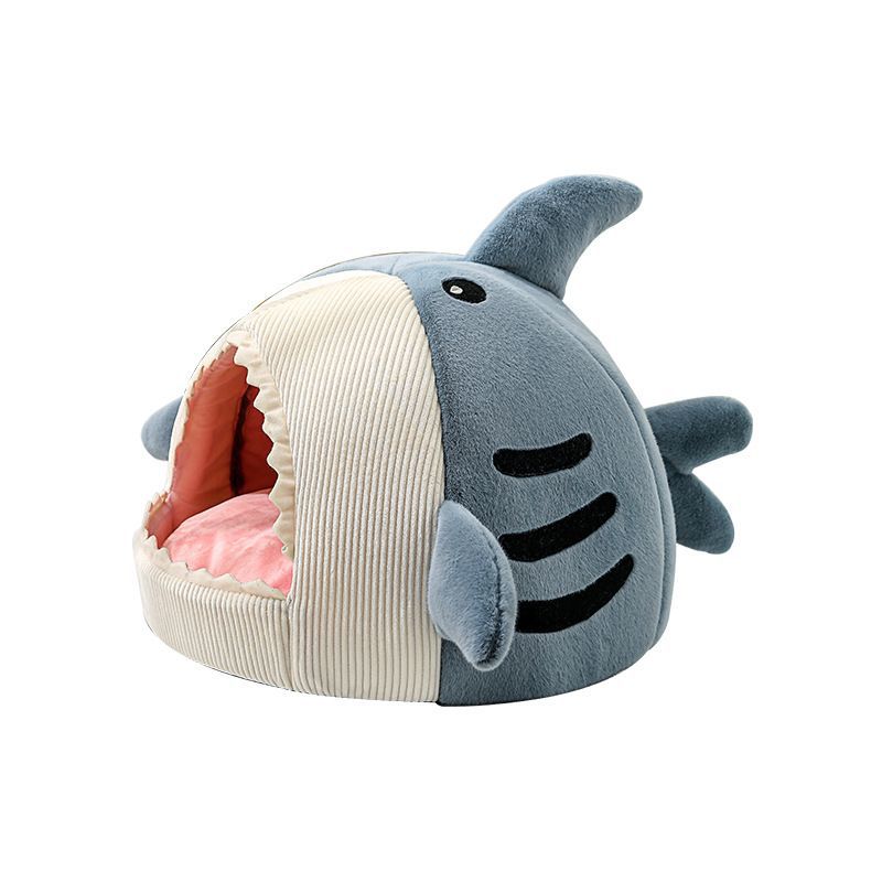 Novelty Shark Pet Cave Bed Enclosed Cozy Sleeping Nest for Cats and Small Dogs Soft Flannel Year Round Comfort Light Blue L Size