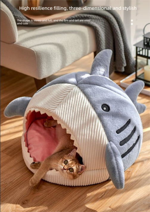 Novelty Shark Pet Cave Bed Enclosed Cozy Sleeping Nest for Cats and Small Dogs Soft Flannel Year Round Comfort Light Blue L Size