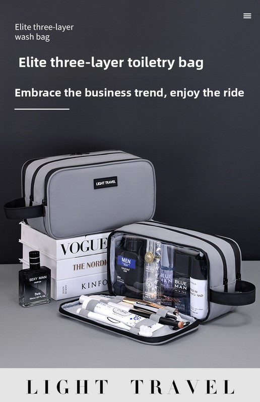 Large Waterproof Men's Toiletry Bag 3-Layer Travel Dopp Kit with Wet Dry Separation Portable Shower Organiser for Gym Business & Holiday Grey