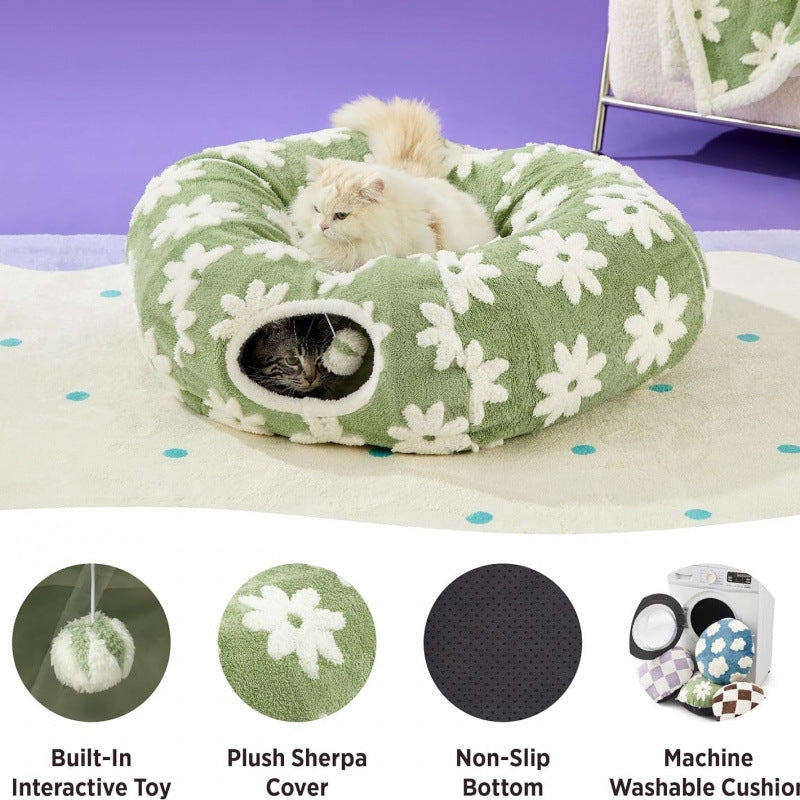 2-in-1 Cat Tunnel Bed Blue Daisy 80cm - Plush Donut Pet Cave & Play Tube - Detachable Washable Cushion & Interactive Hanging Toy for Indoor Cats
