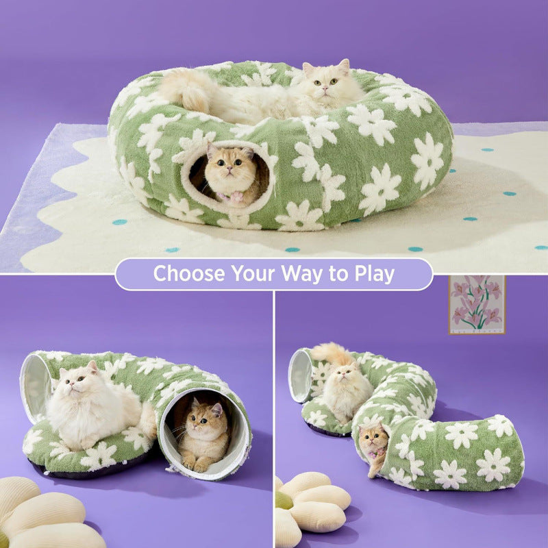 2-in-1 Cat Tunnel Bed Blue Daisy 80cm - Plush Donut Pet Cave & Play Tube - Detachable Washable Cushion & Interactive Hanging Toy for Indoor Cats