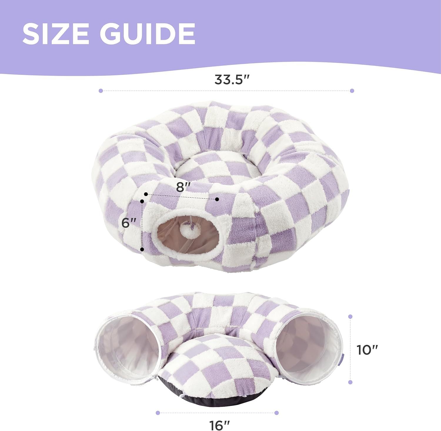2-in-1 Cat Tunnel Bed Purple Daisy 80cm - Plush Donut Pet Cave & Play Tube - Detachable Washable Cushion & Interactive Hanging Toy for Indoor Cats