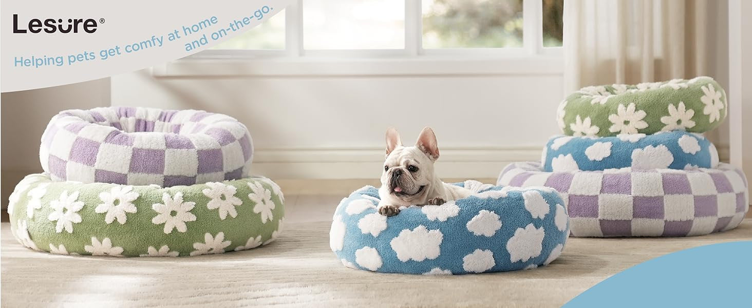 50cm Round Pet Bed Brown & White Checkerboard - Soft Plush Donut Cuddler for Small Dogs & Cats - Calming Anxiety Relief & All-Season Comfort