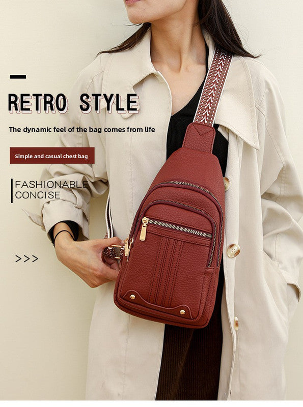 Women's Soft PU Leather Sling Bag Crossbody Chest Purse with Adjustable Boho Strap - Lightweight Multi-Pocket Shoulder Daypack for Travel & Daily Use - Black