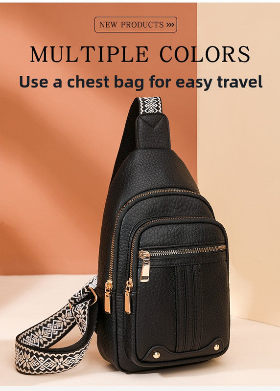 Women's Soft PU Leather Sling Bag Crossbody Chest Purse with Adjustable Boho Strap - Lightweight Multi-Pocket Shoulder Daypack for Travel & Daily Use - Black
