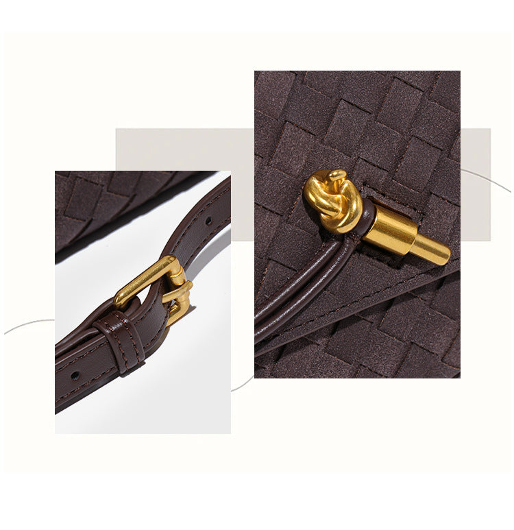 Retro Woven Baguette Handbag for Women Suede Texture PU Leather Shoulder Crossbody Bag Elegant Evening Clutch Coffee Brown