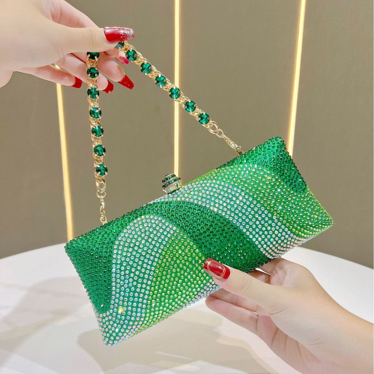 Luxury Green Rhinestone Evening Clutch Bag Women Crystal Sparkle Formal Purse with Chain Strap for Wedding Party Prom