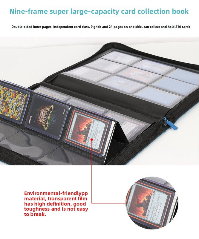 Premium Toploader Binder 9 Pocket 216 Capacity Trading Card Album Zippered PU Leather Storage Holder for Sports TCG & AFL Cards Black