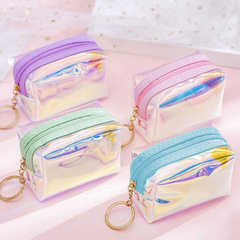 4 PCS Holographic Mini Coin Purses - Iridescent TPU Keyring Pouch - Waterproof Clear Storage for Earbuds, Lipstick & Keys - Small Rectangular Bag Charm 9cm