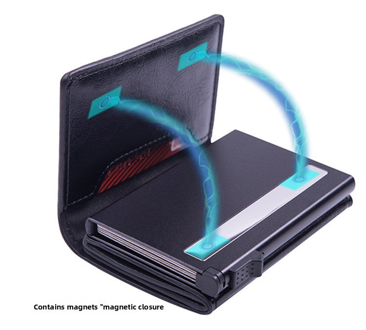 RFID Blocking Pop-Up Card Wallet with AirTag Holder - Automatic Slider Aluminium Smart Case with Cash Compartment - Slim Minimalist Coffee Brown Leather Design (AirTag Not Included)