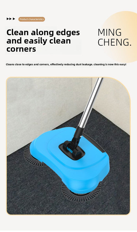 3-in-1 Hand Push Floor Sweeper - Manual Spinning Broom, Dustpan & Mop Combo - Silent Non-Electric Cleaning for Hardwood & Tiles - Lightweight Sky Blue