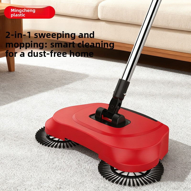 3-in-1 Hand Push Floor Sweeper - Manual Spinning Broom, Dustpan & Mop Combo - Silent Non-Electric Cleaning for Hardwood & Tiles - Vitality Red