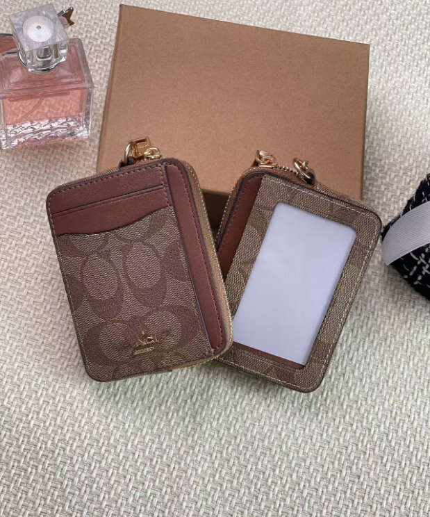 2 Pack Women's Mini Zip Card Holder & Coin Purse with Keychain - Signature Beige & Classic Brown Monogram - Compact ID Wallet for Travel & Commuting