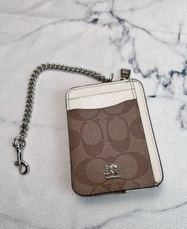 2 Pack Women's Mini Zip Card Holder & Coin Purse with Keychain - Signature Khaki Brown & Brown White - Compact ID Wallet for Commute & Travel