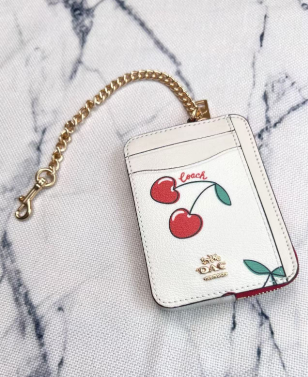 2 Pack Women's Mini Zip Card Holder & Coin Purse with Keychain - Signature Banana & Red Cherry Print - Cute Compact ID Wallet for Summer & Travel