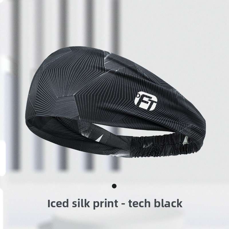 3 PCS Cooling Sports Headband Ice Silk Moisture Wicking Sweat Band for Running Gym & Yoga Non Slip White & Geometric Tech Pattern Black and Grey