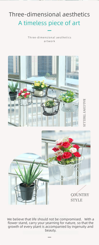 Hanging Flower Pot Holder Metal Balcony Railing Planter Basket Round Iron Rack with Mesh Bottom Fits up to 6cm Rail for Fence & Patio White