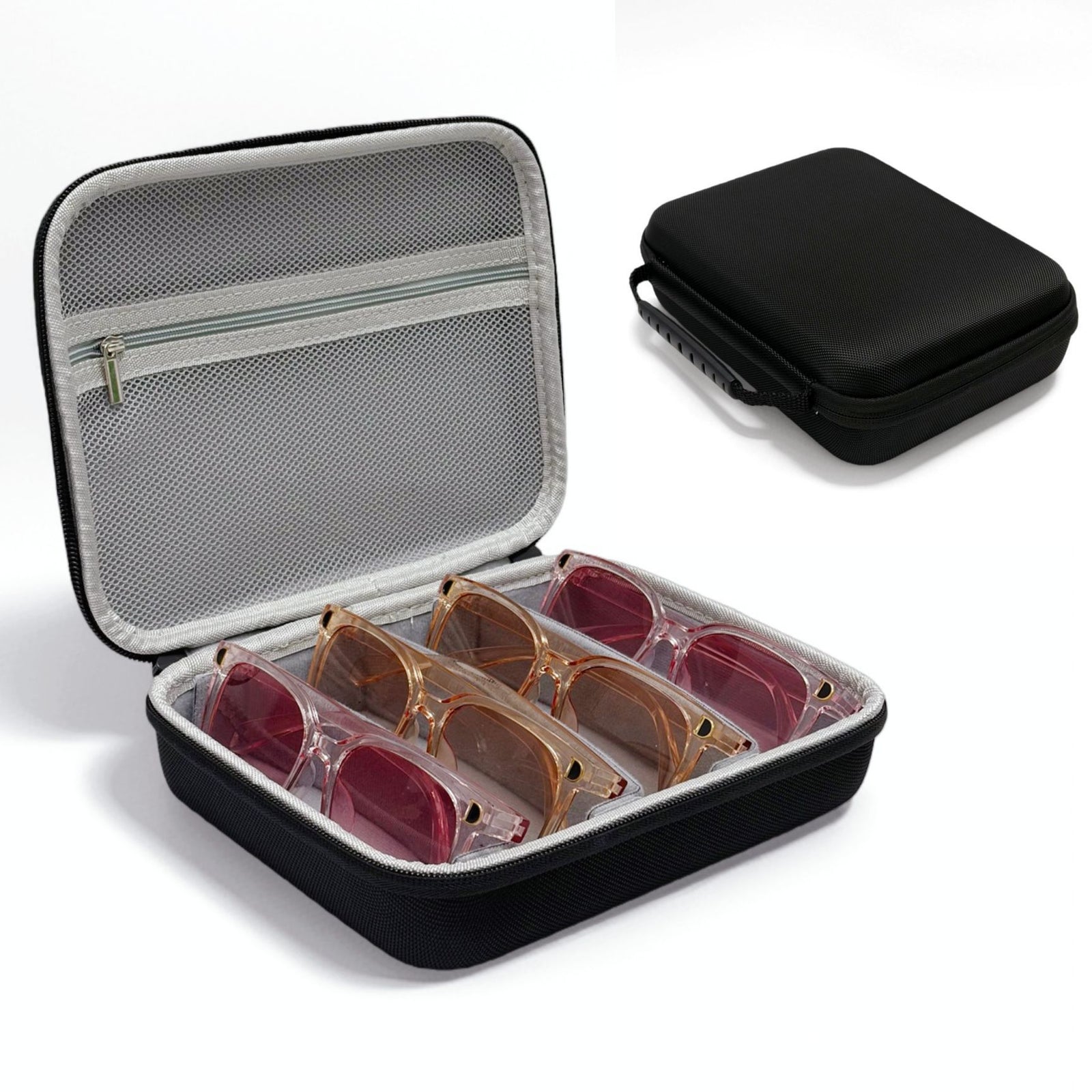 Portable 4-Slot Sunglasses Organiser Case Hard Shell EVA Storage Box Travel Holder with Mesh Pocket 22cm Black