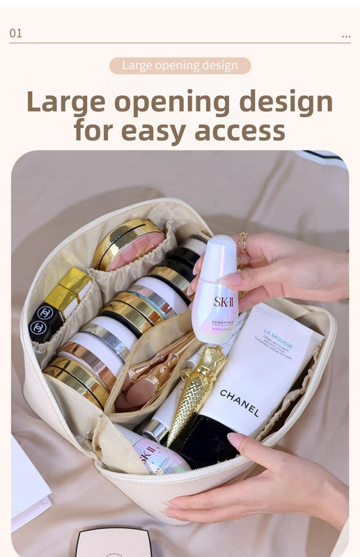 Large Capacity Travel Cosmetic Bag Portable PU Leather Pillow Pouch Waterproof Make Up Organiser Toiletry Case with Handle Mocha Brown