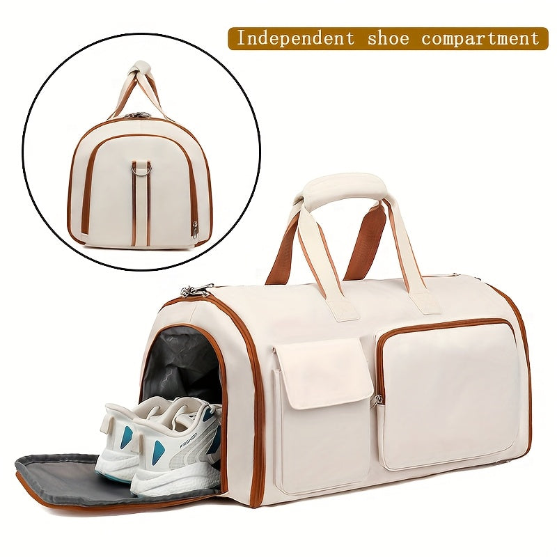 Convertible Travel Garment Bag Large Duffel Suit Carrier with Shoe Compartment & Hidden Backpack Straps Waterproof Beige White