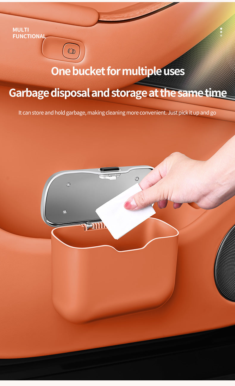 Car Trash Can Hanging Rubbish Bin with Lid Waterproof Leather Vehicle Organiser Storage Box for Door Seat Back Console Orange