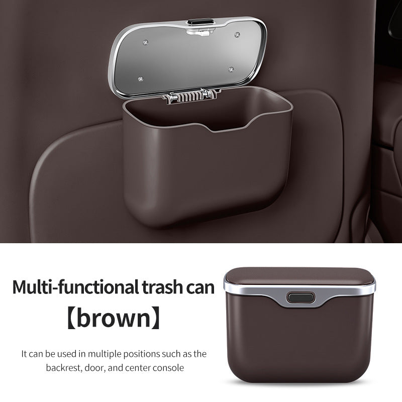 Car Trash Can Hanging Rubbish Bin with Lid Waterproof Leather Vehicle Organiser Storage Box for Door Seat Back Console Brown