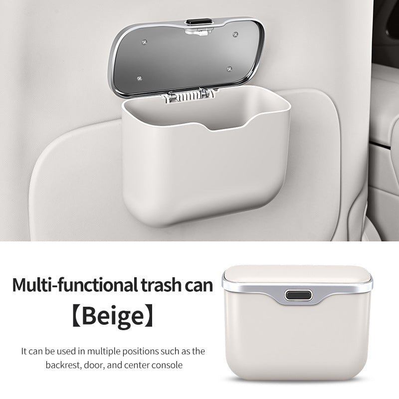 Car Trash Can Hanging Rubbish Bin with Lid Waterproof Leather Vehicle Organiser Storage Box for Door Seat Back Console Beige